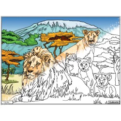 FAMILLE LION DANS LA SAVANE - Tableau velours et son Ludoguide - Ludocolor