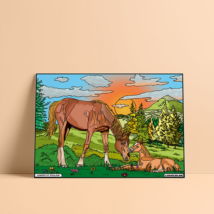 Coloriage velours Jument et Poulain