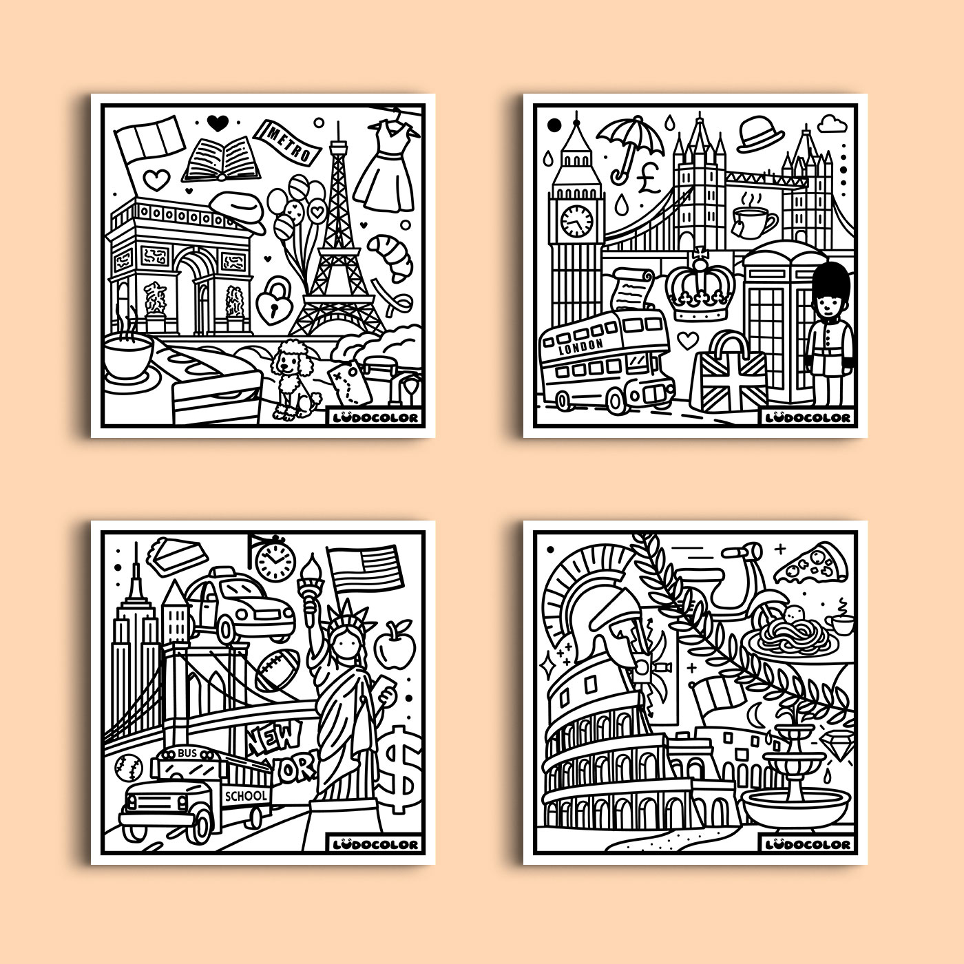 Coloriage velours villes du monde - Rome - Londres - Paris - New York