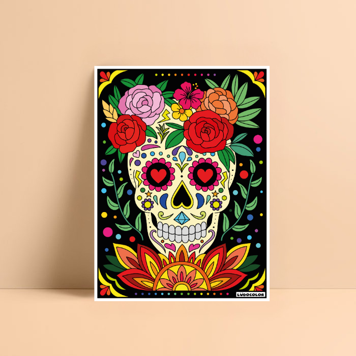 Tableau Velours Mandala Calavera Halloween – grand coloriage velours pour adultes et enfants.