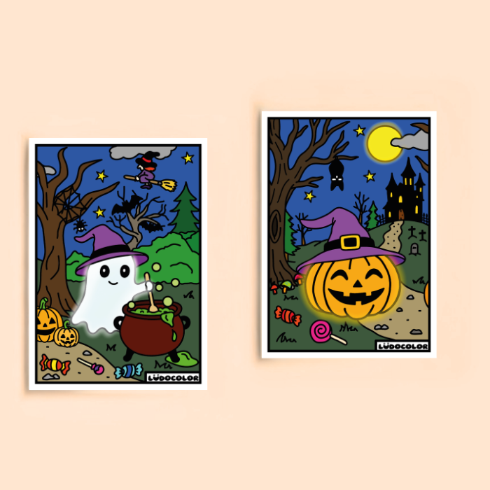 Mini Duo Velours Halloween avec citrouille et fantôme – coloriage velours pour enfants.
