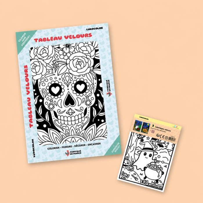 Pack Halloween Ludocolor avec Tableau Velours Mandala Calavera et Mini Duo Velours citrouille et fantôme.